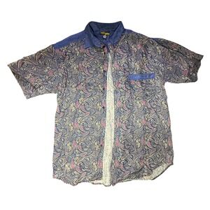 Max Deco Silk Button Down Shirt‎ L/XL Blue Paisley Pattern Short Sleeve